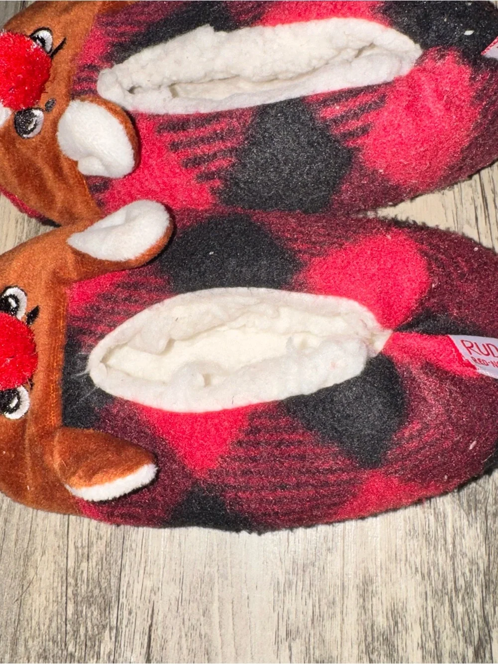Kids Plush Reindeer Slipper Shoes - Red Plaid